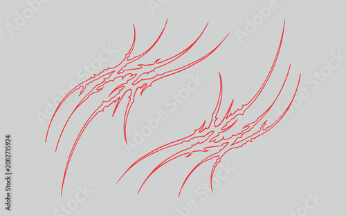 Фотография Red neo tribal sweeping motion paths and sharp spiky composition layouts isolated on a light gray background