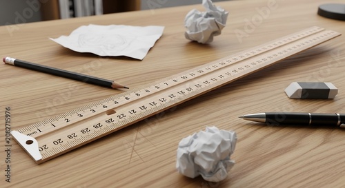 Wooden Ruler Pencil Eraser and Crumpled Paper on Desk.