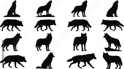 Konstfotografi Black wolf silhouettes, wolf pack icons, animal graphics, vector illustrations
