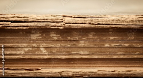 Close up of aged paper pages in a thick old book.