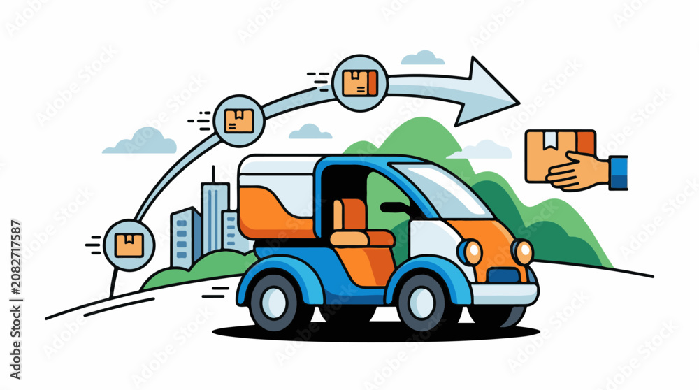 Fototapeta premium Cartoon delivery vehicle transporting boxes in a city and countryside