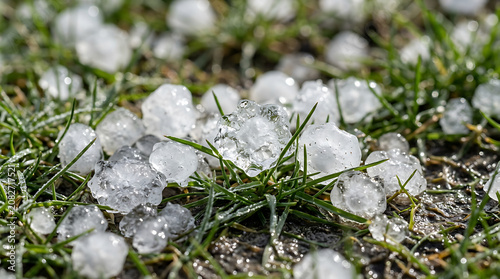Small chunks of hail ice covering green grass after storm with precipitaion climatology environment hailstone meteorology