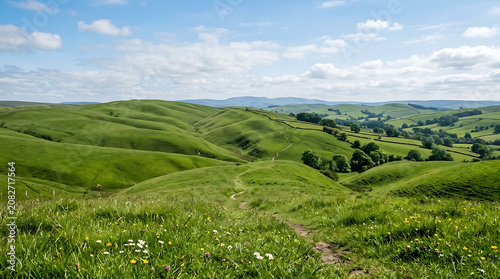 Winding dirt path through green hills and meadows with landscape countryside outdoors meandering environment peaceful sunlight