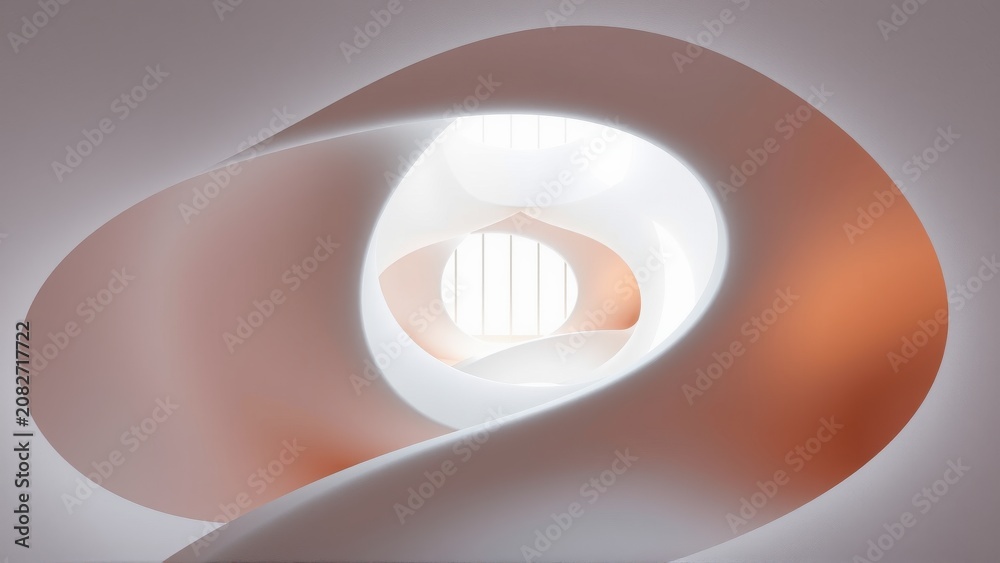 Fototapeta premium Abstract spiral staircase design. Smooth curves, soft lighting, minimalist aesthetic. Warm tones contrast cool whites. Modern architecture.