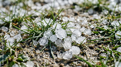 Small hailstones scattered across green grass ground with hailstones precipitation environment meteorology disaster crystals