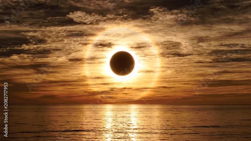 Breathtaking Celestial Solar Eclipse Event Creating a Golden Radiant Halo Above the Calm Ocean Horizon at Sunset