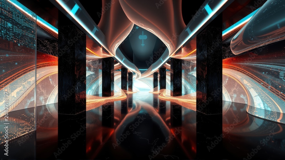 Fototapeta premium Futuristic corridor. Dark space features glowing columns, arches, reflections. Digital elements enhance abstract design. Dramatic lighting creates depth.