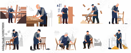 Professional carpenter illustrations set showing various stages of the furniture making process in a workshop from design to finishing.