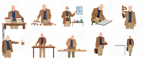 Vector Illustration Set of an Elderly Professor Character in Various Activities Including Teaching Science and Literature