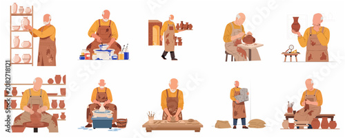 Elderly male potter character set creating various ceramic pottery in studio workshop