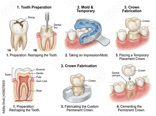 Dental crown procedure step-by-step illustration