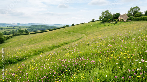 Picturesque rolling hills landscape with wildflower field and farmhouse landscape wildflowers countryside farmhouse outdoors environment