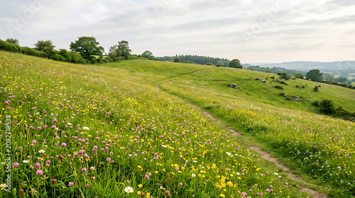 Path through wildflower meadow in english countryside with wildflowers countryside landscape environment