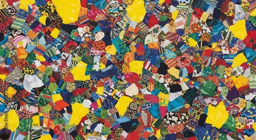 Vibrant Abstract Collage of Colorful Fabric Scraps and Patterns.