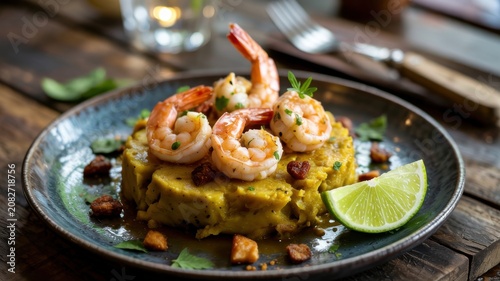 A legendary dish of Puerto Rican and Caribbean cuisine called Mofongo with shrimp.