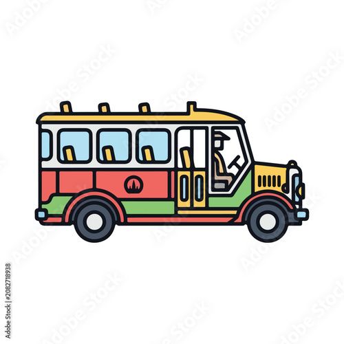 Colorful cartoon school bus with open door on white background