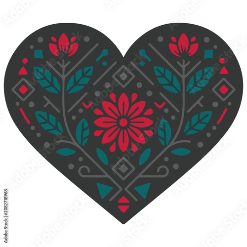 Heart shaped floral pattern with red flowers and green leaves on dark background, decorative design element.