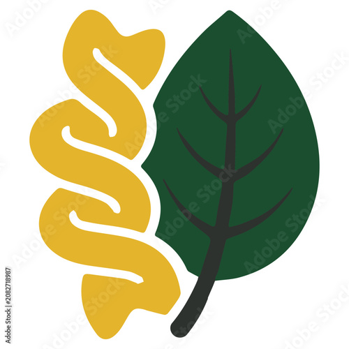Vector illustration of a green leaf with a yellow swirly design on a white background, symbolizing nature and growth.