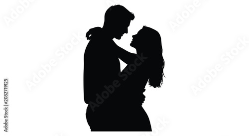 Tableau sur toile Embracing couple in a close pose black silhouette lovers affection romance