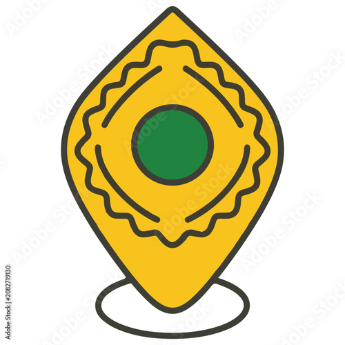 Vibrant yellow abstract shape with green circle and black lines on a white background, decorative design element