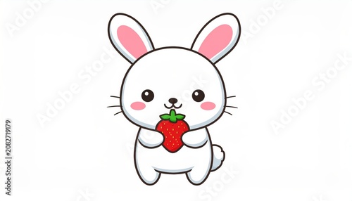 Cute white bunny eating a red strawberry.