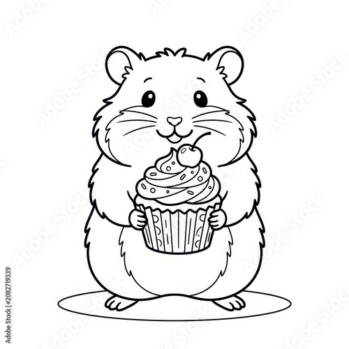 Cute hamster holding cupcake line art on transparent background