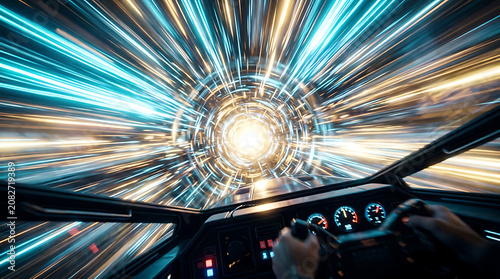 First person view from a spaceship cockpit traveling through an abstract light speed warp tunnel with science fiction spaceship futuristic abstract technology