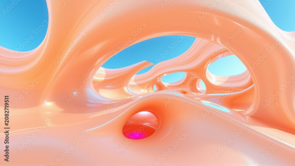 Fototapeta premium Abstract fluid shapes, peach tones, blue sky visible through openings. Smooth curves create organic tunnel effect.