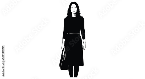 Woman In Dress Holding Handbag Black And White Silhouette female person