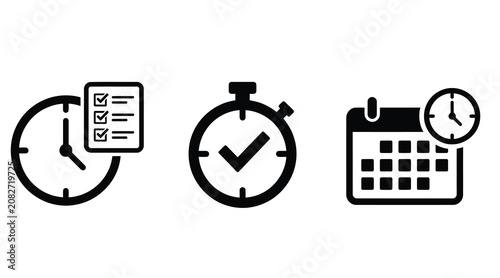 Business time management and productivity icons including checklist timer and calendar schedule symbols for efficient workflow