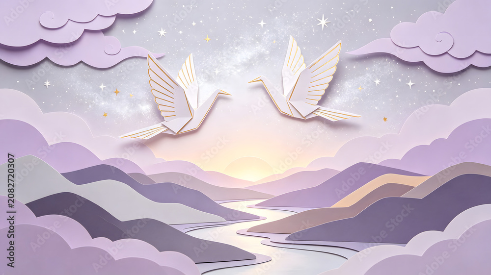 Fototapeta premium Qixi Paper Cranes Galaxy Layered Paper Illustration