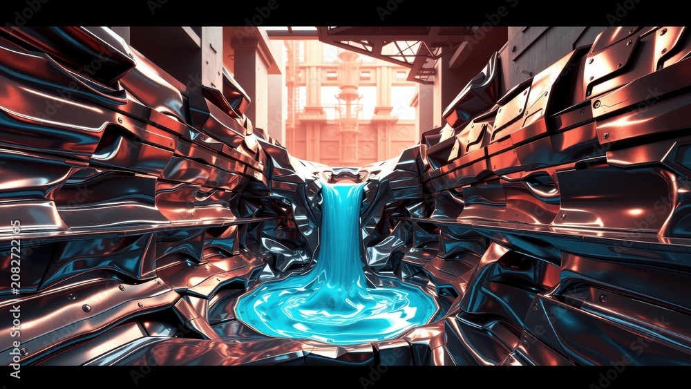 Fototapeta premium Futuristic tunnel, metallic surfaces, blue liquid cascade. Dramatic lighting creates intense visual depth, complex geometry.