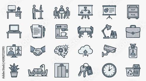 Schilderij op canvas Industrial Minimalist Line Icons Set Featuring Office Technology Security and Wo
