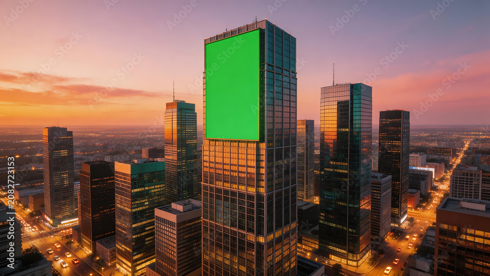 Fototapeta premium City skyline with green screen building