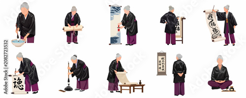 Traditional Japanese Calligraphy Set with Senior Woman Artist in Kimono, Shodo Illustration Collection with Calligrapher Poses for Cultural Design