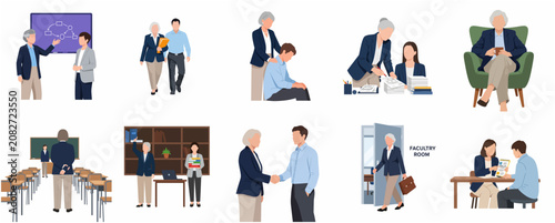 Senior Female Professor and Academic Administrator Set: Flat Vector Illustrations of Professional Education Scenarios