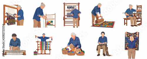 Senior woman artisan weaving traditional carpets collection, flat vector illustration set isolated on white