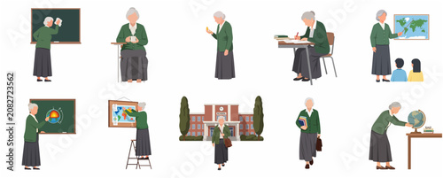 Senior Female Teacher Character Set for Education and Classroom Activities Illustration