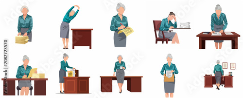 Senior businesswoman character set in various office poses and daily work activities