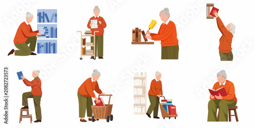 Senior Woman Librarian Character Set in Various Poses Organizing Books and Reading Flat Vector Illustration