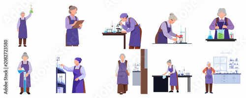 Set of flat vector illustrations of a senior female chemist or scientist performing various laboratory tasks, experiments, and research using scientific equipment.