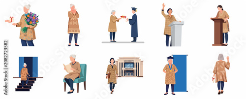 Senior woman academic and graduation ceremony characters set, flat vector illustration