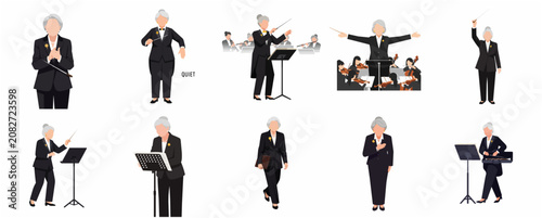 Senior Female Orchestra Conductor Character Set with Professional Poses and Actions for Symphony Concert