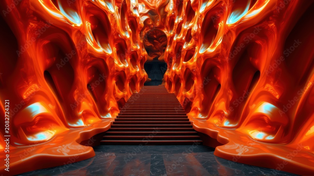 Fototapeta premium Fiery gateway leads toward darkness. Dramatic lighting emphasizes ornate, flowing architecture. Intense reds dominate composition. Mysterious, inviting.