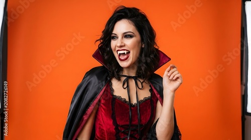 Happy young woman in vampire costume with fangs and cape smiling against orange background, halloween concept