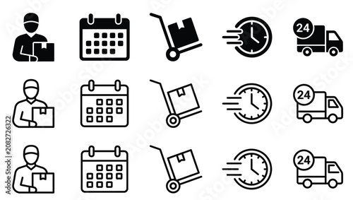“Logistics and Delivery Icons Set with Calendar, Package and Express Truck Vector”