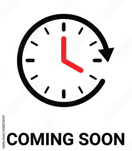 “Coming Soon Clock Icon with Red Hands and Circular Arrow Vector Illustration”