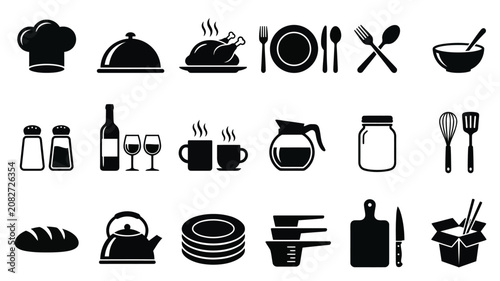 “Cooking and Kitchen Icons Set with Chef Hat, Food, Utensils and Tableware Vector”