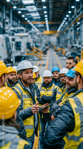 Workshop Assembly Line Talk: A team of blue-collar workers in a factory setting, wearing safety vests and hard hats, gather around a foreman for a briefing.