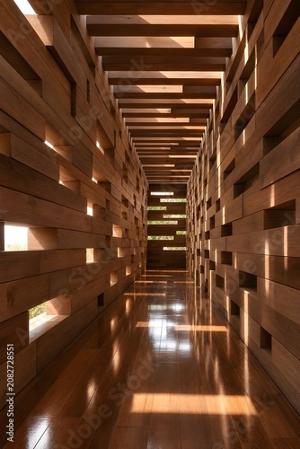 Modern wooden tunnel corridor with sunlight